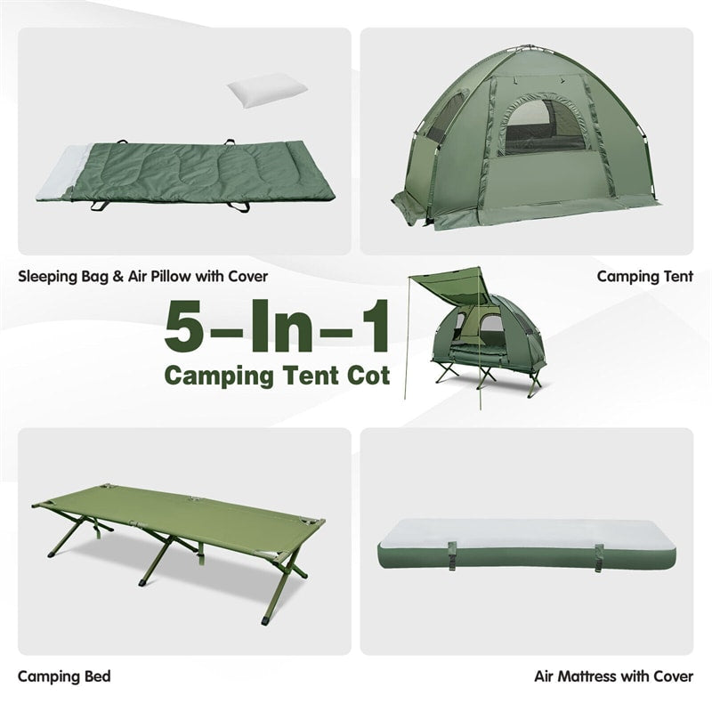 5-in-1 Tent Cot 1-Person Portable Camping Tent Combo with Awing Air Mattress & Sleeping Bag