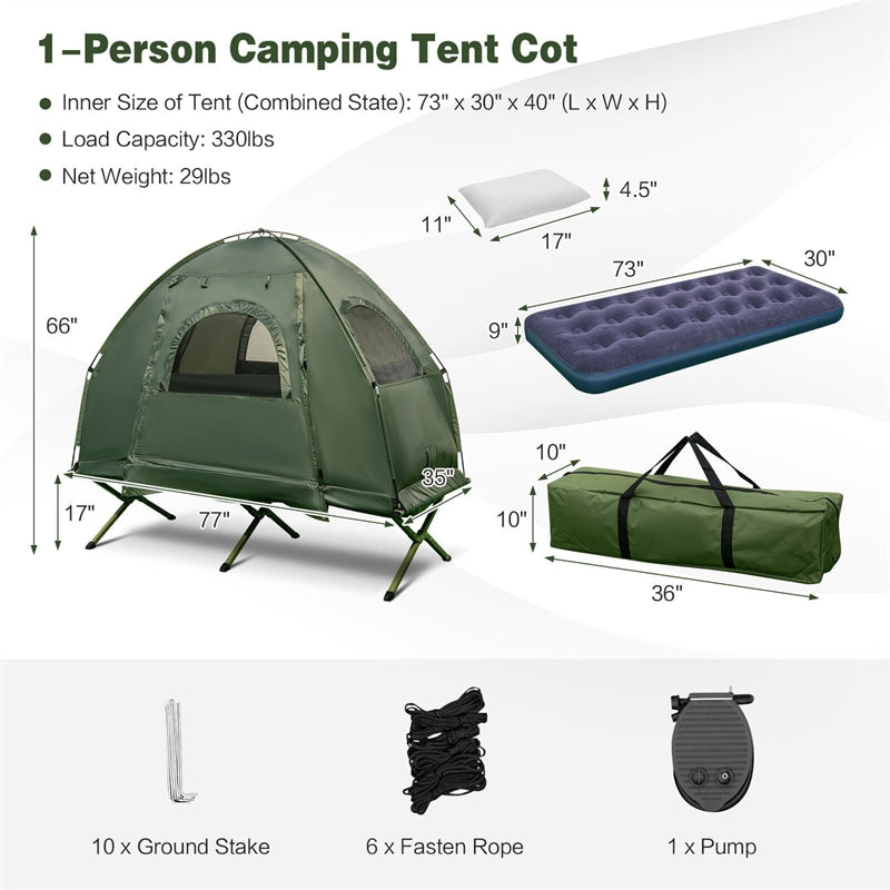 5-in-1 Tent Cot 1-Person Portable Camping Tent Combo with Awing Air Mattress & Sleeping Bag