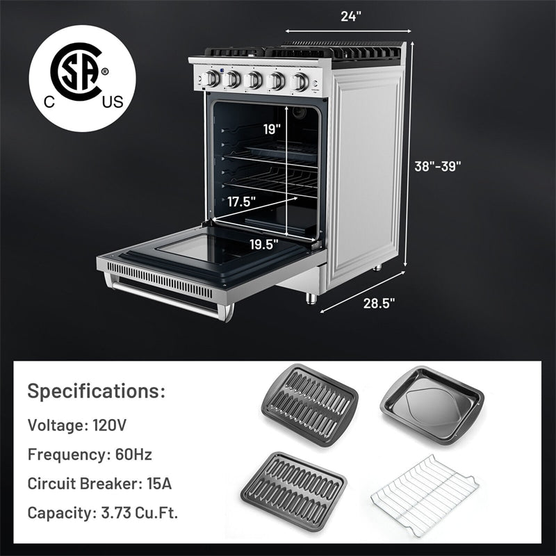 24" Freestanding Natural Gas Range Stainless Steel Dual Fuel Gas Range with 4 Burners Cooktop & 3.73 Cu.Ft. Convection Oven