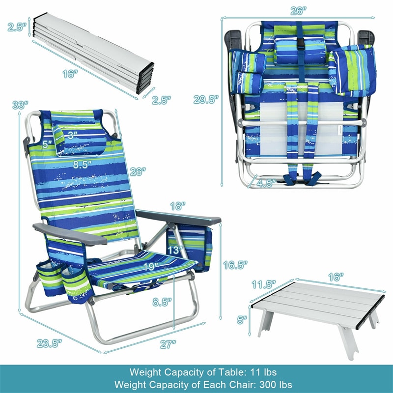 3 Pcs Outdoor Folding Backpack Beach Chairs 5-Position Sling Chair Set with Side Table