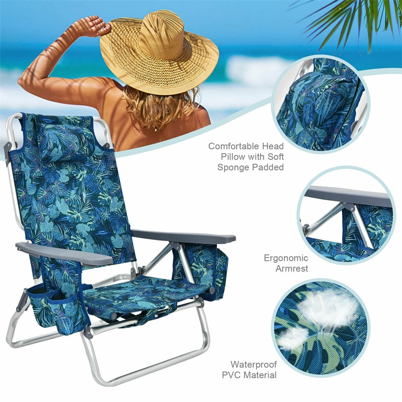 3 Pcs Outdoor Folding Backpack Beach Chairs 5-Position Sling Chair Set with Side Table