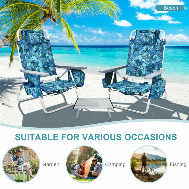 3 Pcs Outdoor Folding Backpack Beach Chairs 5-Position Sling Chair Set with Side Table