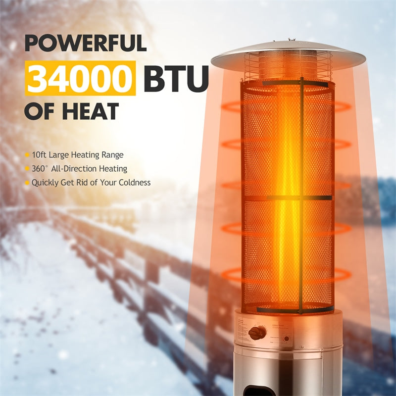 34000 BTU Stainless Steel Outdoor Propane Heater Standing Round Glass Tube Patio Heater with Wheels