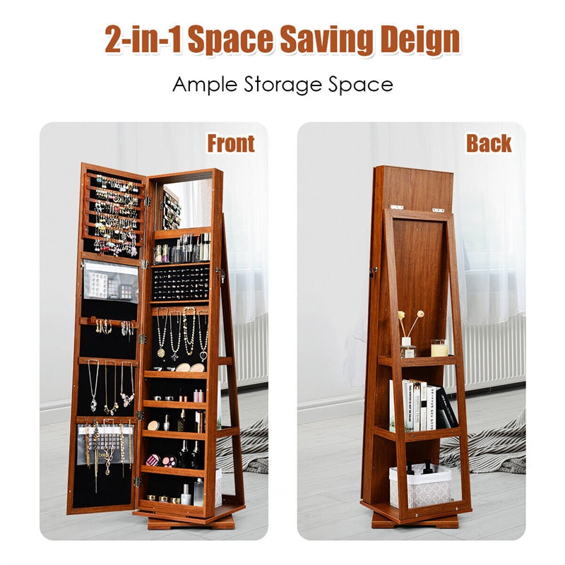 360° Swivel Jewelry Armoire Standing Lockable Jewelry Cabinet Organizer with Higher Full Length Mirror & Rear Storage Shelves