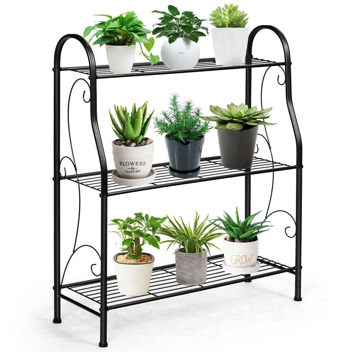 3 Tier Metal Garden Plant Stand Scrollwork Design Plant Shelf Multifunctional Display Rack
