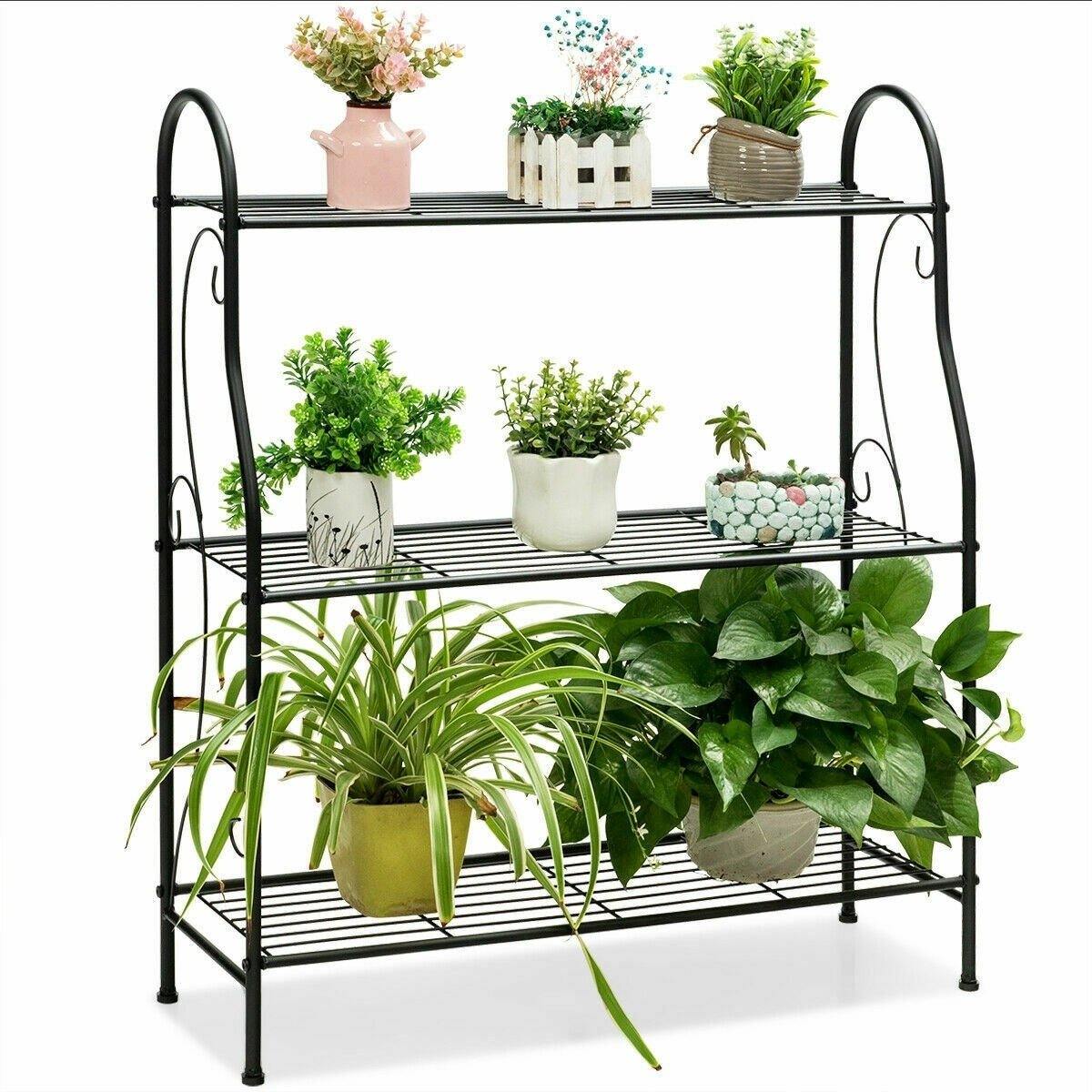 3 Tier Metal Garden Plant Stand Scrollwork Design Plant Shelf Multifunctional Display Rack