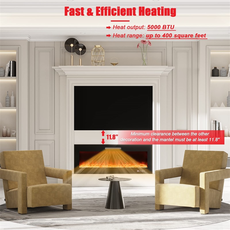 50 Inch Electric Fireplace Insert 5000 BTU Recessed Fireplace with Decorative Crystal & Dual Control