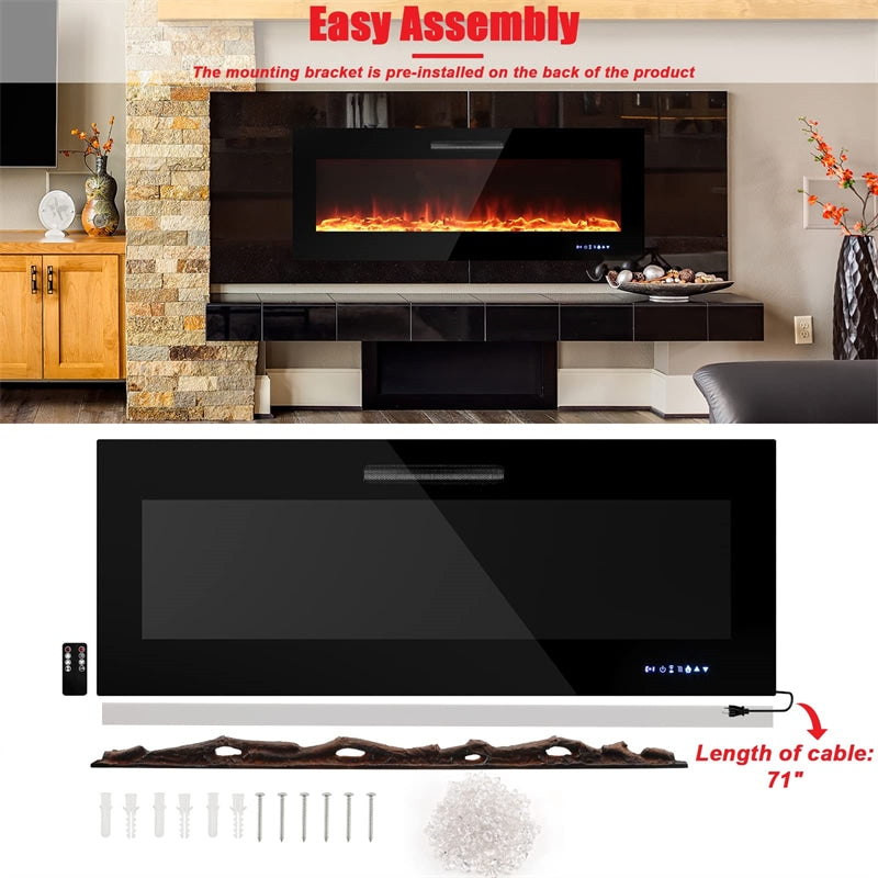 50 Inch Electric Fireplace Insert 5000 BTU Recessed Fireplace with Decorative Crystal & Dual Control