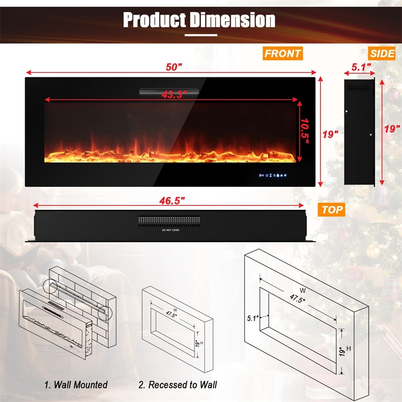 50 Inch Electric Fireplace Insert 5000 BTU Recessed Fireplace with Decorative Crystal & Dual Control