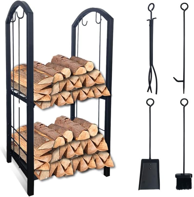 Heavy Duty Log Rack with 4 Fireplace Tools Outdoor Fireside Companion Set
