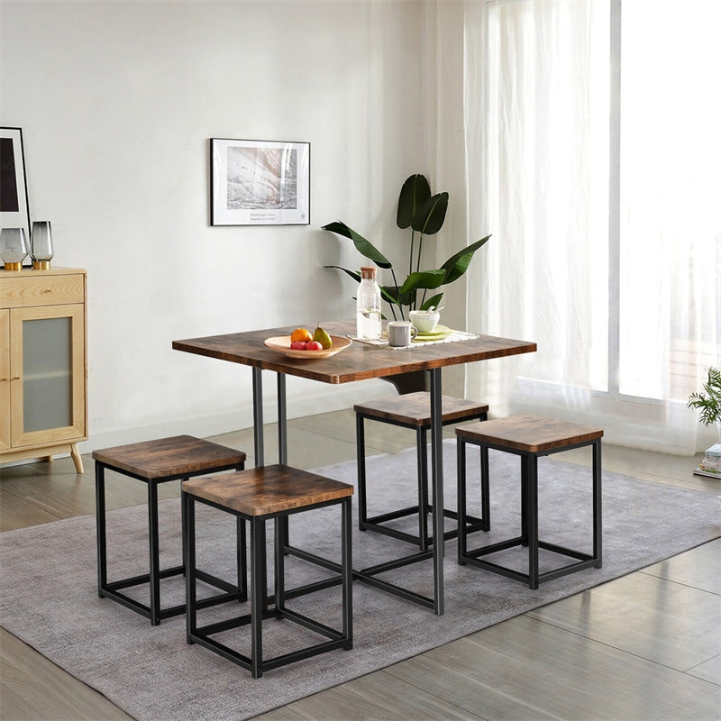 5pcs Compact Dining Table Set with 4 Square Stools & Metal Frame for Small Space Pub Apartment