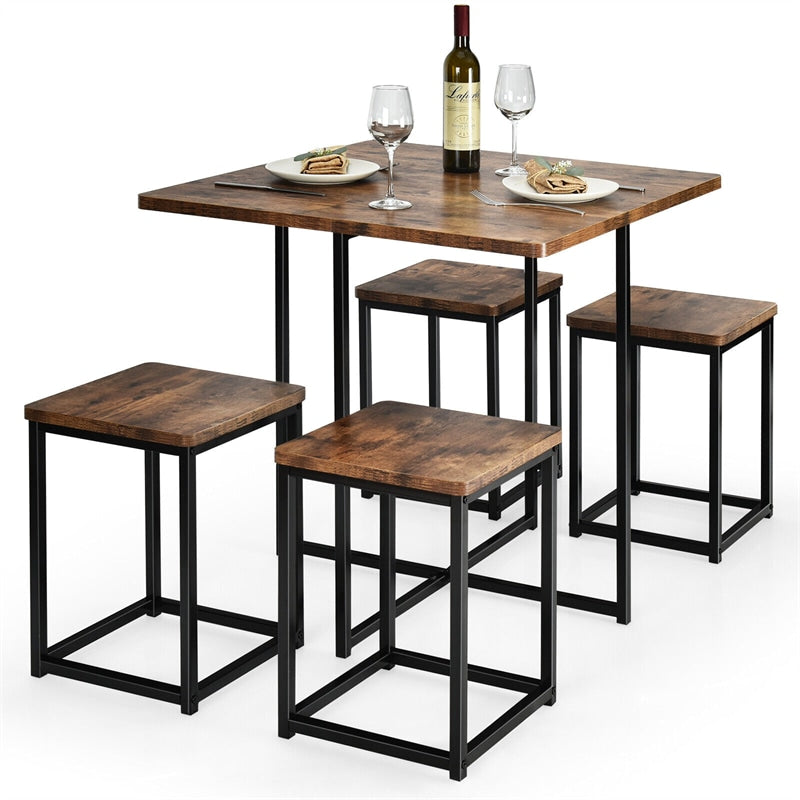 5pcs Compact Dining Table Set with 4 Square Stools & Metal Frame for Small Space Pub Apartment