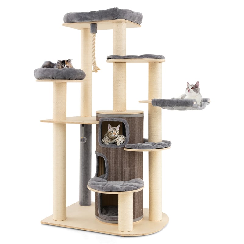 67" Tall Wooden Cat Tree Multi-Level Modern Large Cat Tower with 3-Story Cat Condo 2 Perches & Scratching Posts Spring Ball