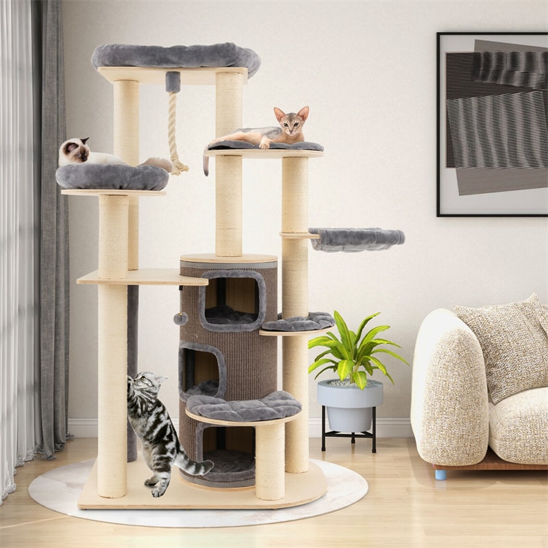 67" Tall Wooden Cat Tree Multi-Level Modern Large Cat Tower with 3-Story Cat Condo 2 Perches & Scratching Posts Spring Ball