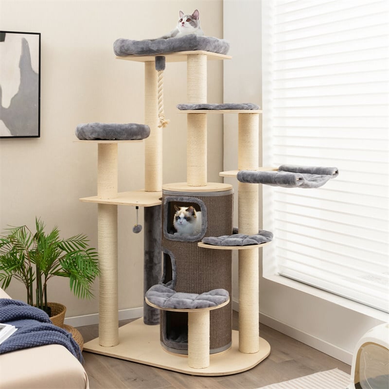 67" Tall Wooden Cat Tree Multi-Level Modern Large Cat Tower with 3-Story Cat Condo 2 Perches & Scratching Posts Spring Ball