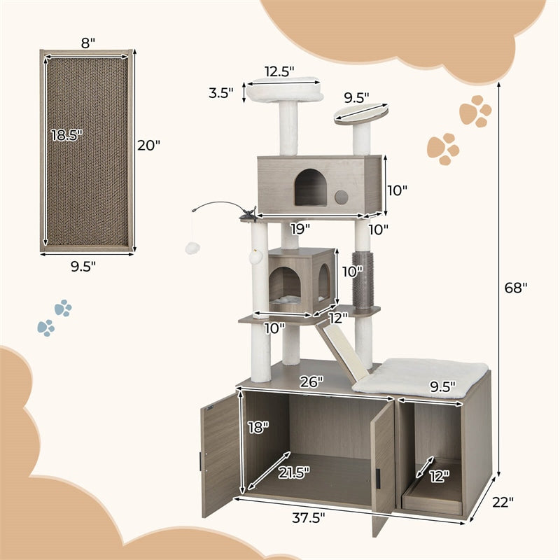 68" Tall Cat Tree Cat 2-in-1 Modern Cat Tower with Hidden Litter Box Enclosure 2 Comfy Cat Condos & Large Platform for Indoor Cats