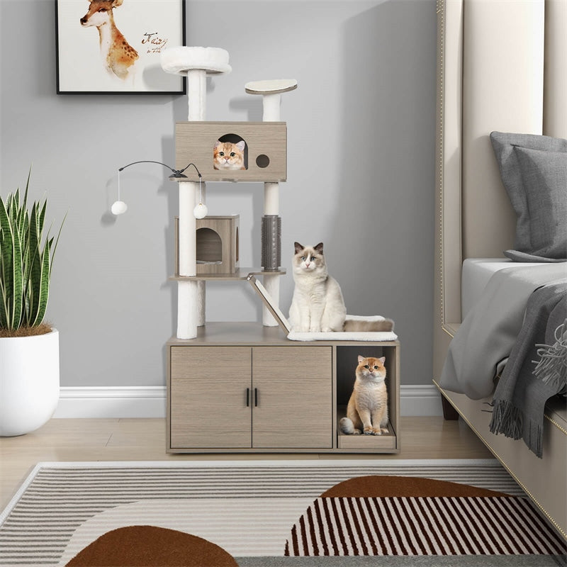 68" Tall Cat Tree Cat 2-in-1 Modern Cat Tower with Hidden Litter Box Enclosure 2 Comfy Cat Condos & Large Platform for Indoor Cats