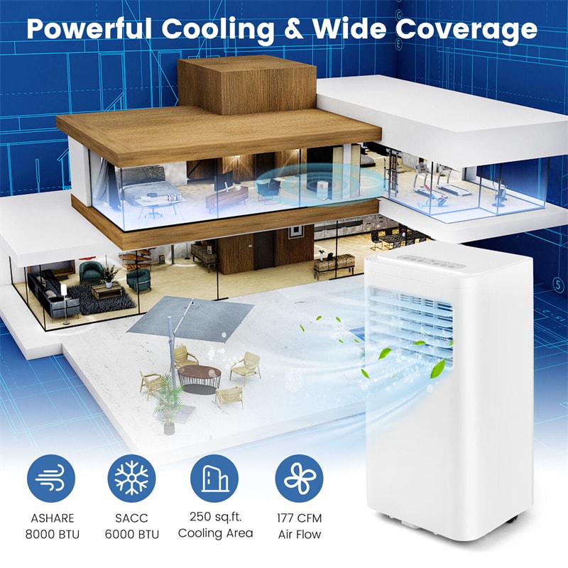 8000 BTU Portable Air Conditioner 3-in-1 AC Unit Built-in Dehumidifier & Fan with Remote Control & Window Installation Kit