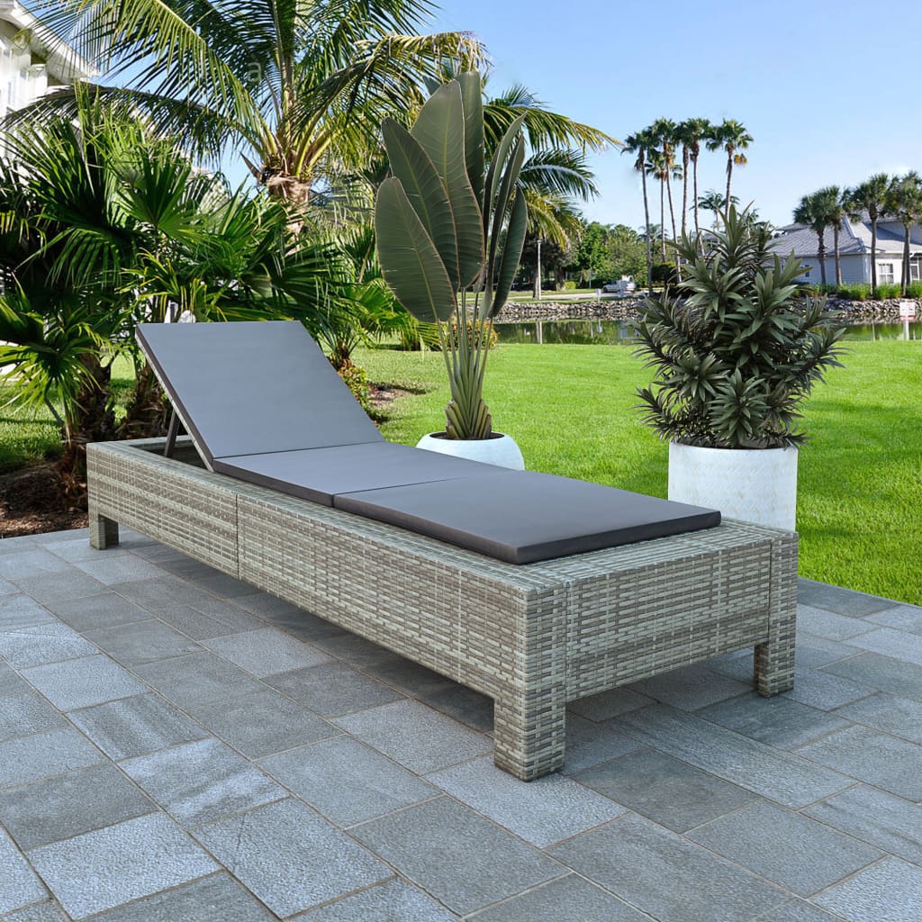 Sunbed with Cushion Gray Poly Rattan