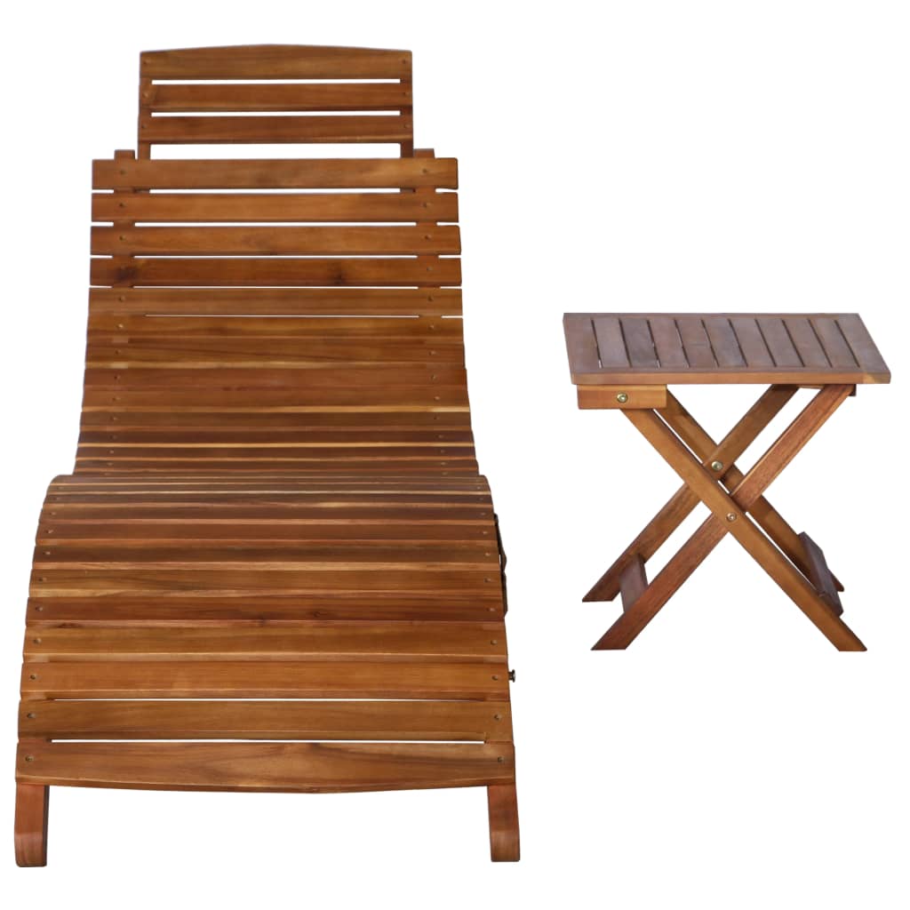 Sunlounger with Table Solid Acacia Wood Brown