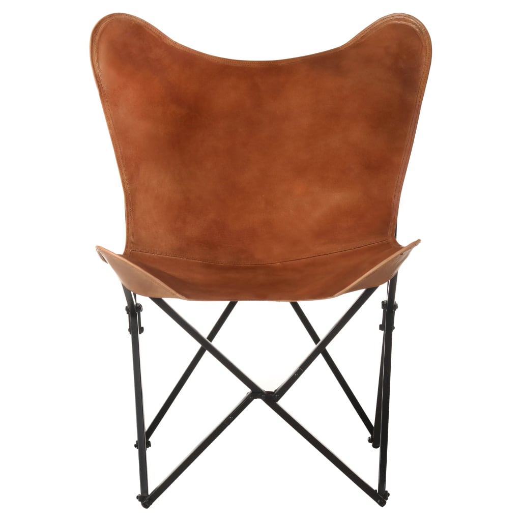 Foldable Butterfly Chair Brown Real Leather