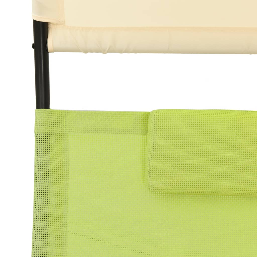 Double Sun Lounger with Canopy Textilene Green and Cream