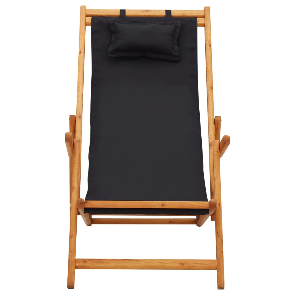 Folding Beach Chair Solid Eucalyptus Wood and Fabric Black