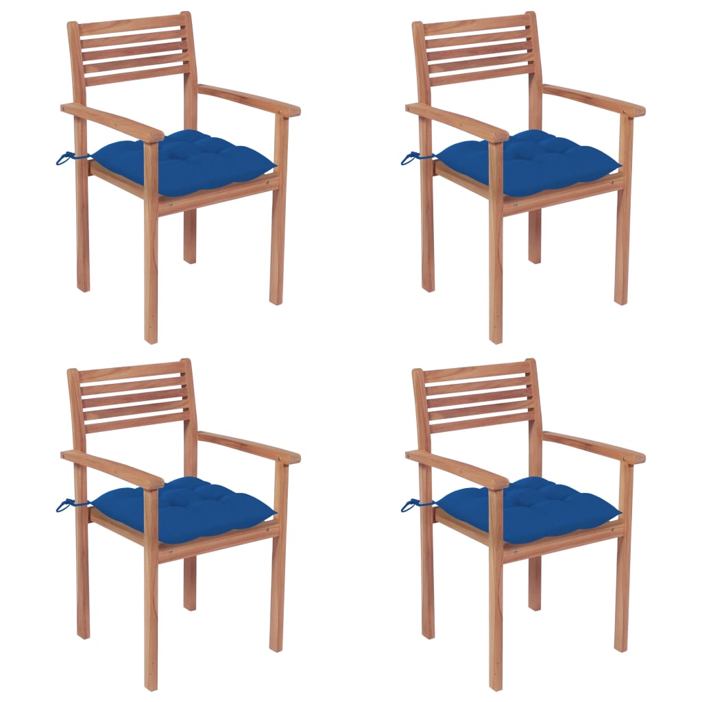 Patio Chairs 4 pcs with Blue Cushions Solid Teak Wood