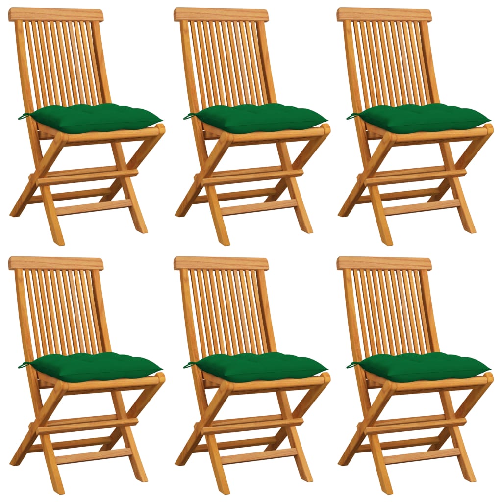 Patio Chairs with Green Cushions 6 pcs Solid Teak Wood