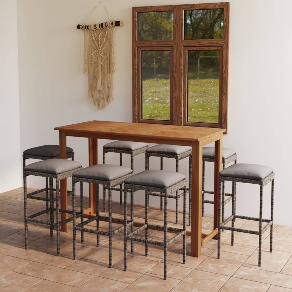 9 Piece Patio Bar Set with Cushions Gray