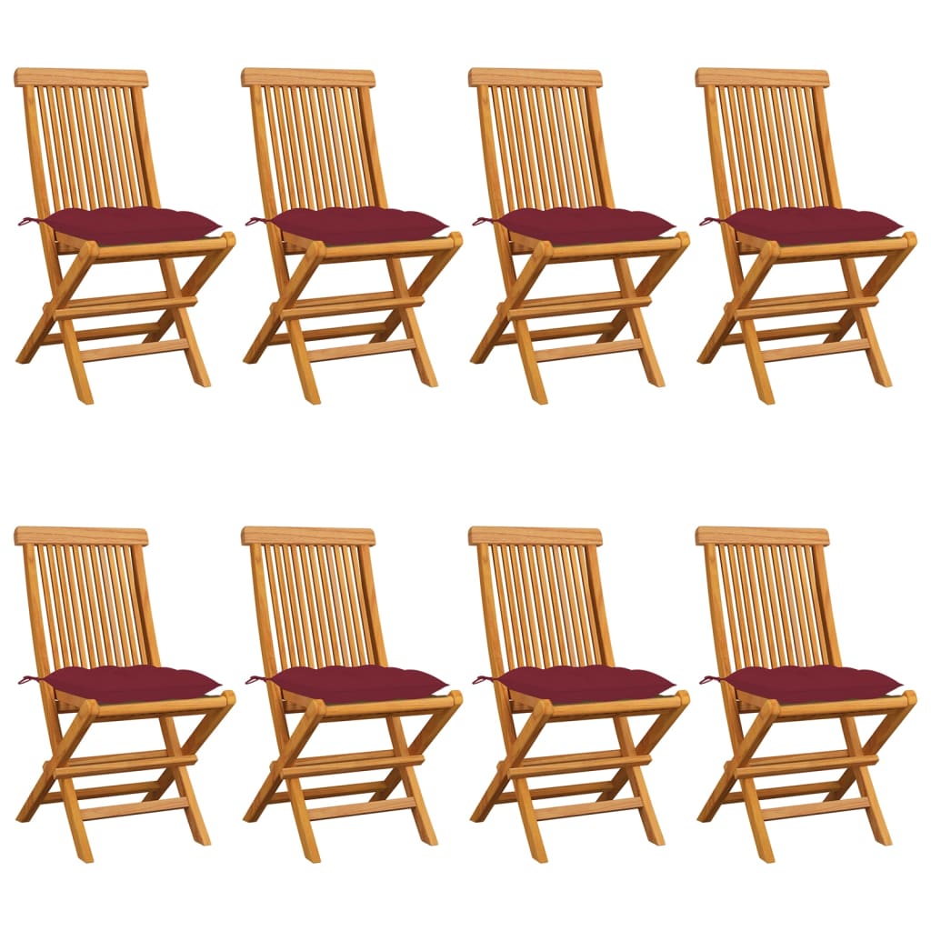 Patio Chairs with Wine Red Cushions 8 pcs Solid Teak Wood