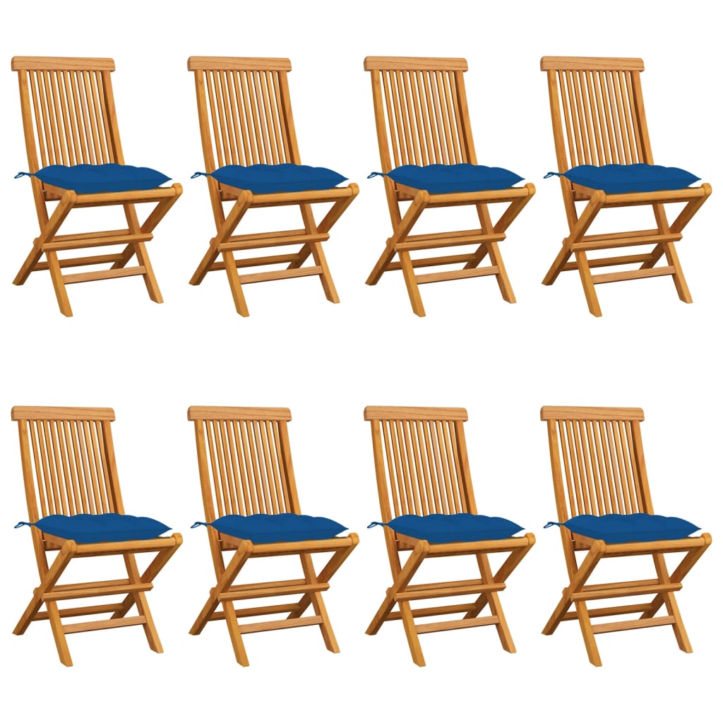 Patio Chairs with Blue Cushions 8 pcs Solid Teak Wood