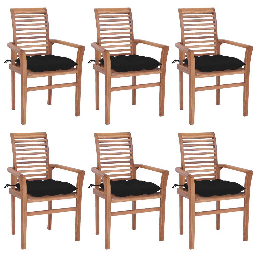 Dining Chairs 6 pcs with Black Cushions Solid Teak Wood