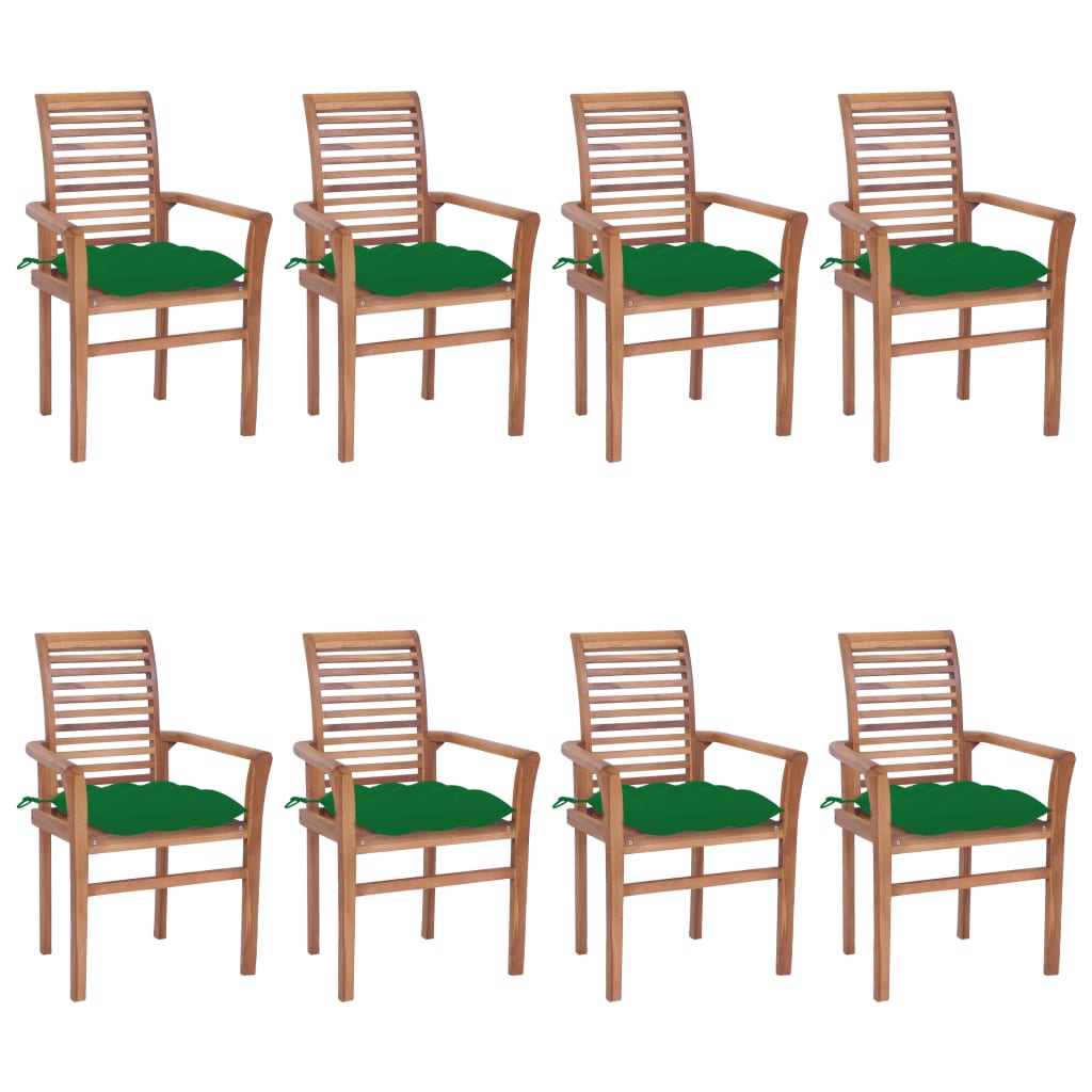 Dining Chairs 8 pcs with Green Cushions Solid Teak Wood