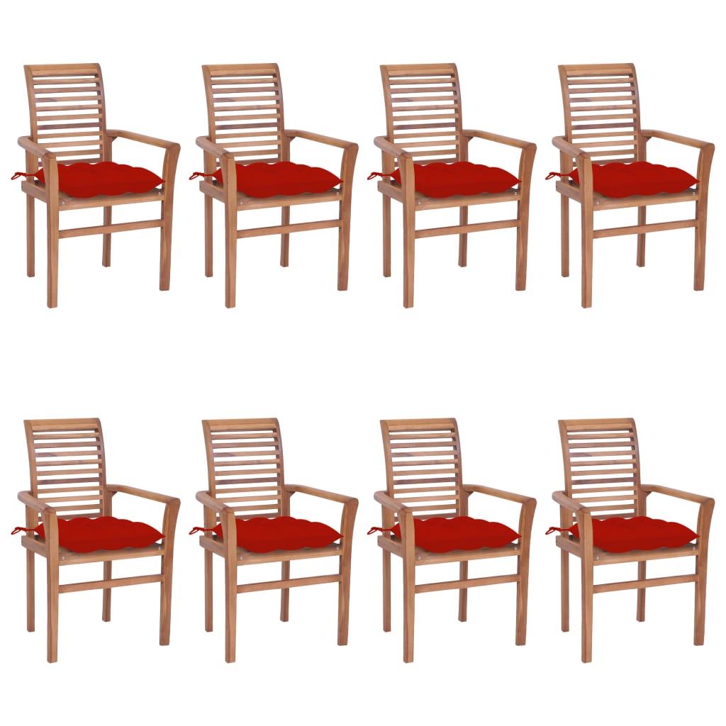 Dining Chairs 8 pcs with Red Cushions Solid Teak Wood