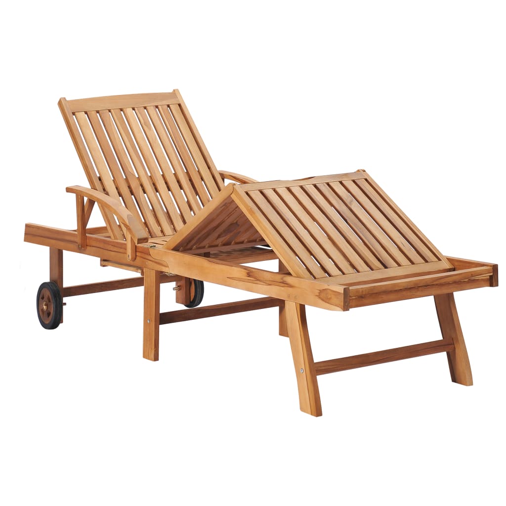 Sun Loungers 2 pcs with Gray Check Pattern Cushion Solid Teak Wood