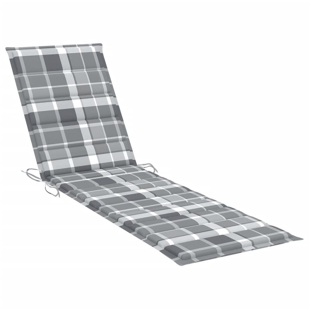 Sun Loungers 2 pcs with Gray Check Pattern Cushion Solid Teak Wood