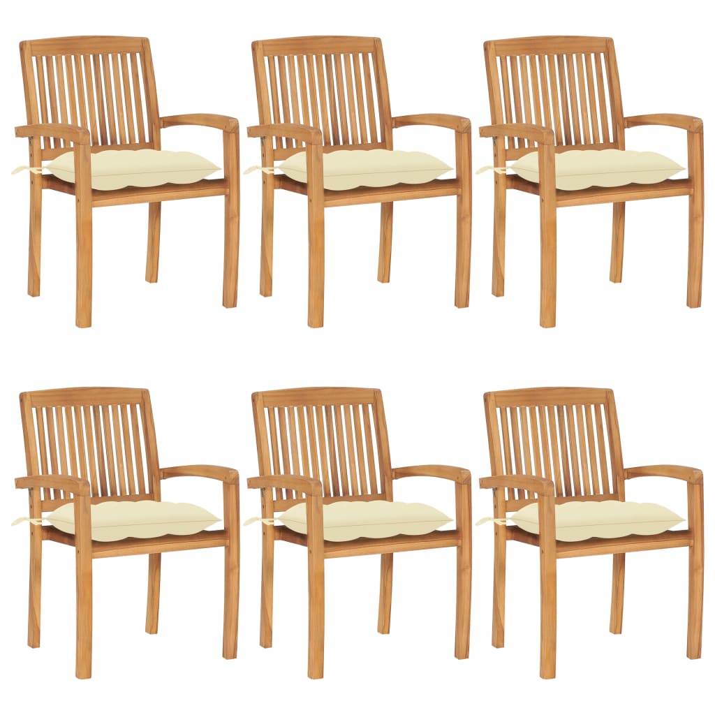 Stacking Patio Chairs with Cushions 6 pcs Solid Teak Wood