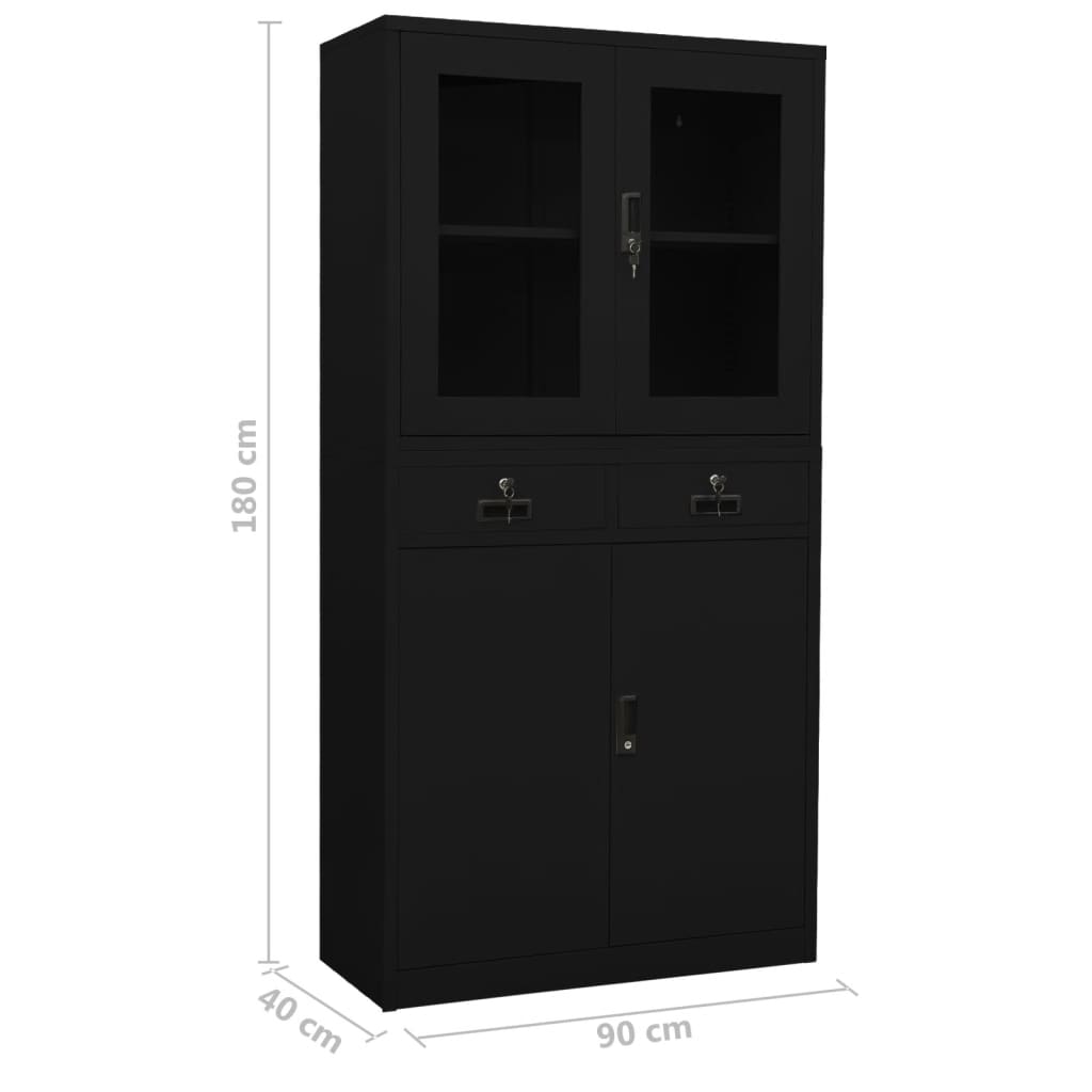 Office Cabinet Black 35.4"x15.7"x70.9" Steel and Tempered Glass