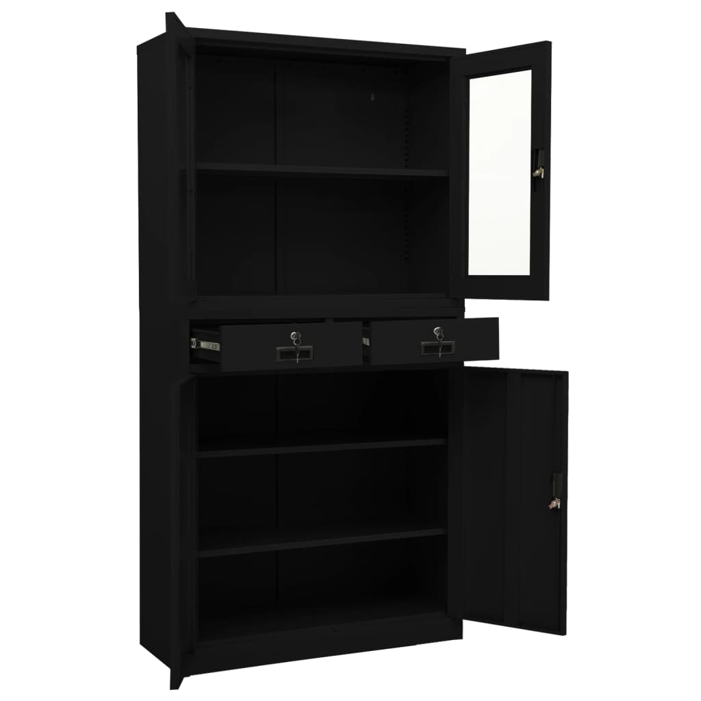 Office Cabinet Black 35.4"x15.7"x70.9" Steel and Tempered Glass