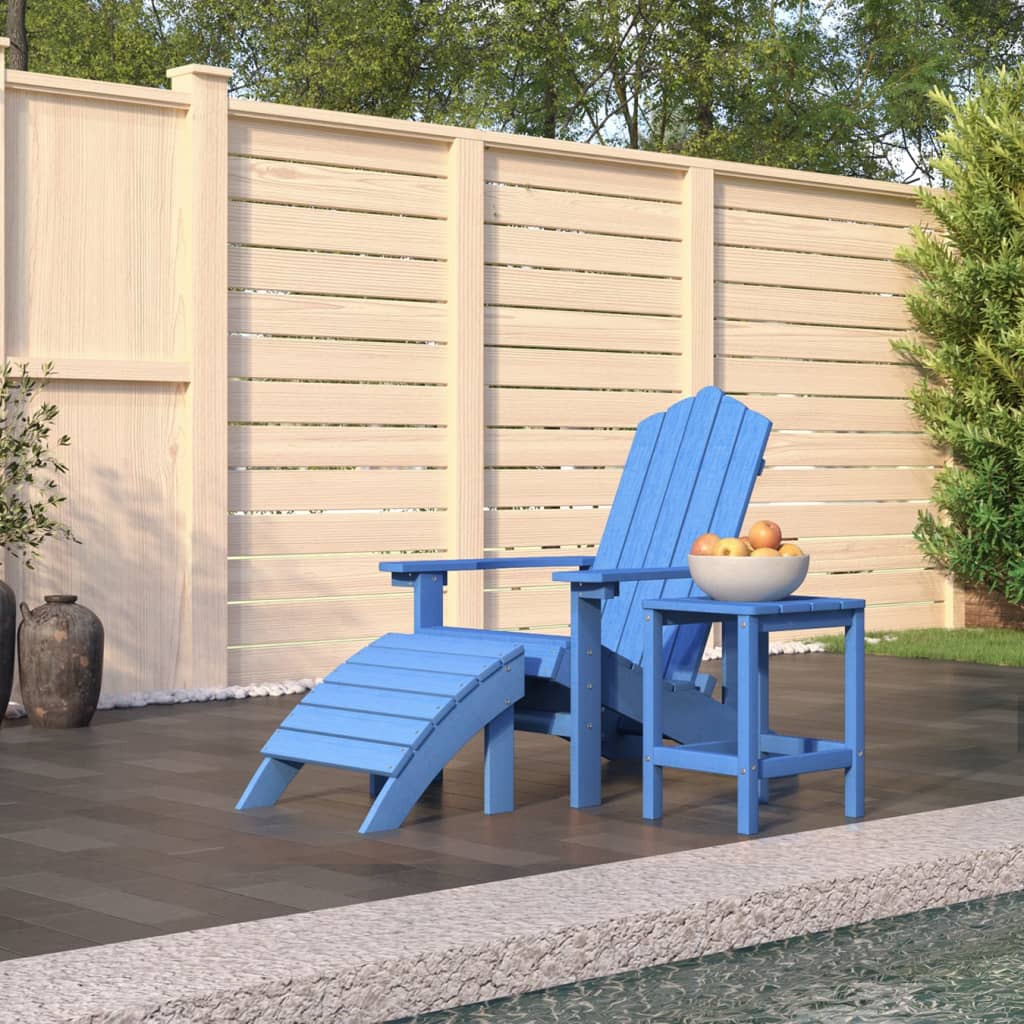 Patio Adirondack Chair with Footstool & Table HDPE Aqua Blue