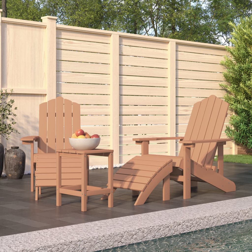 Patio Adirondack Chairs with Footstool & Table HDPE Brown