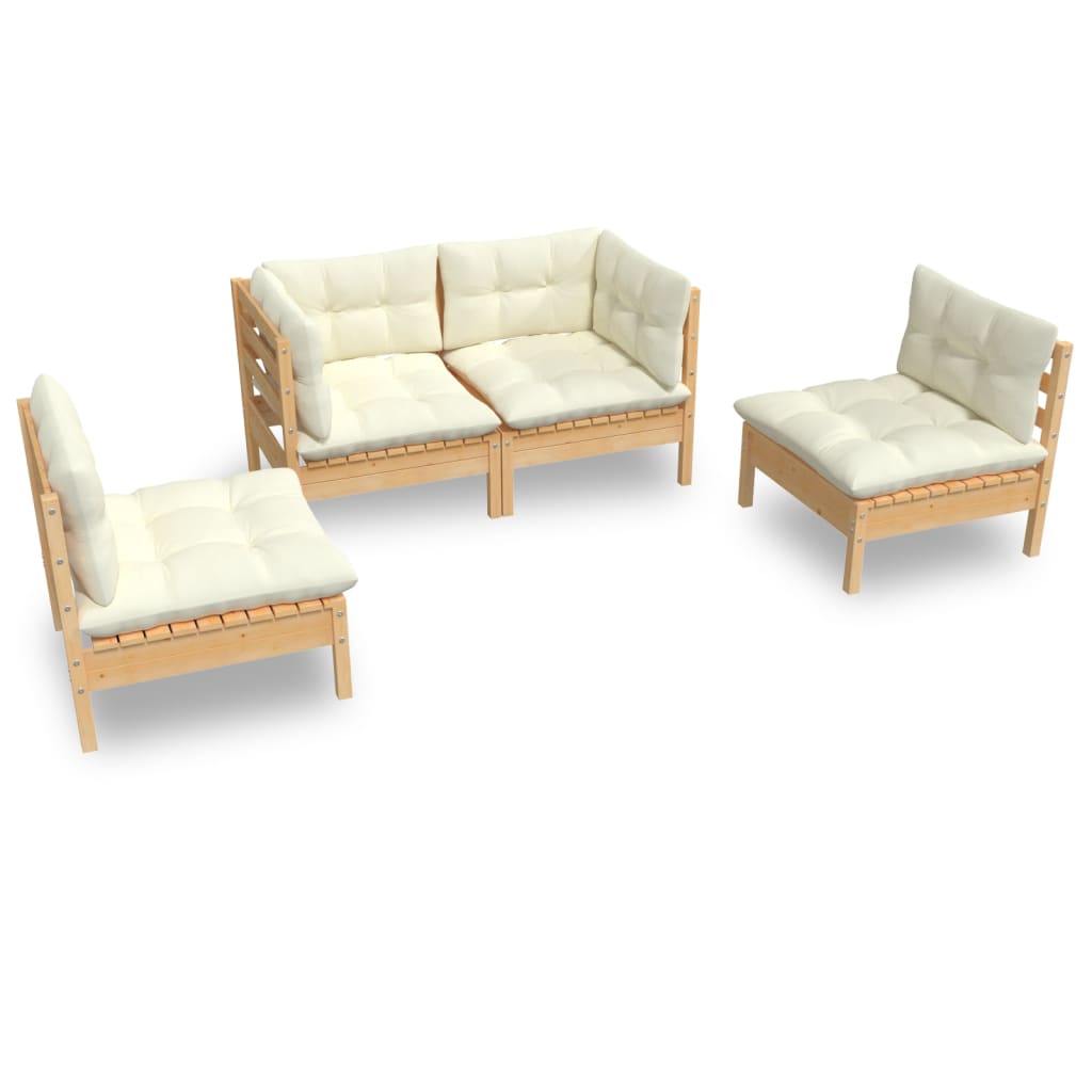 4 Piece Patio Lounge Set with Cream Cushions Solid Pinewood