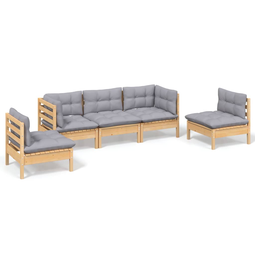 5 Piece Patio Lounge Set with Gray Cushions Solid Pinewood