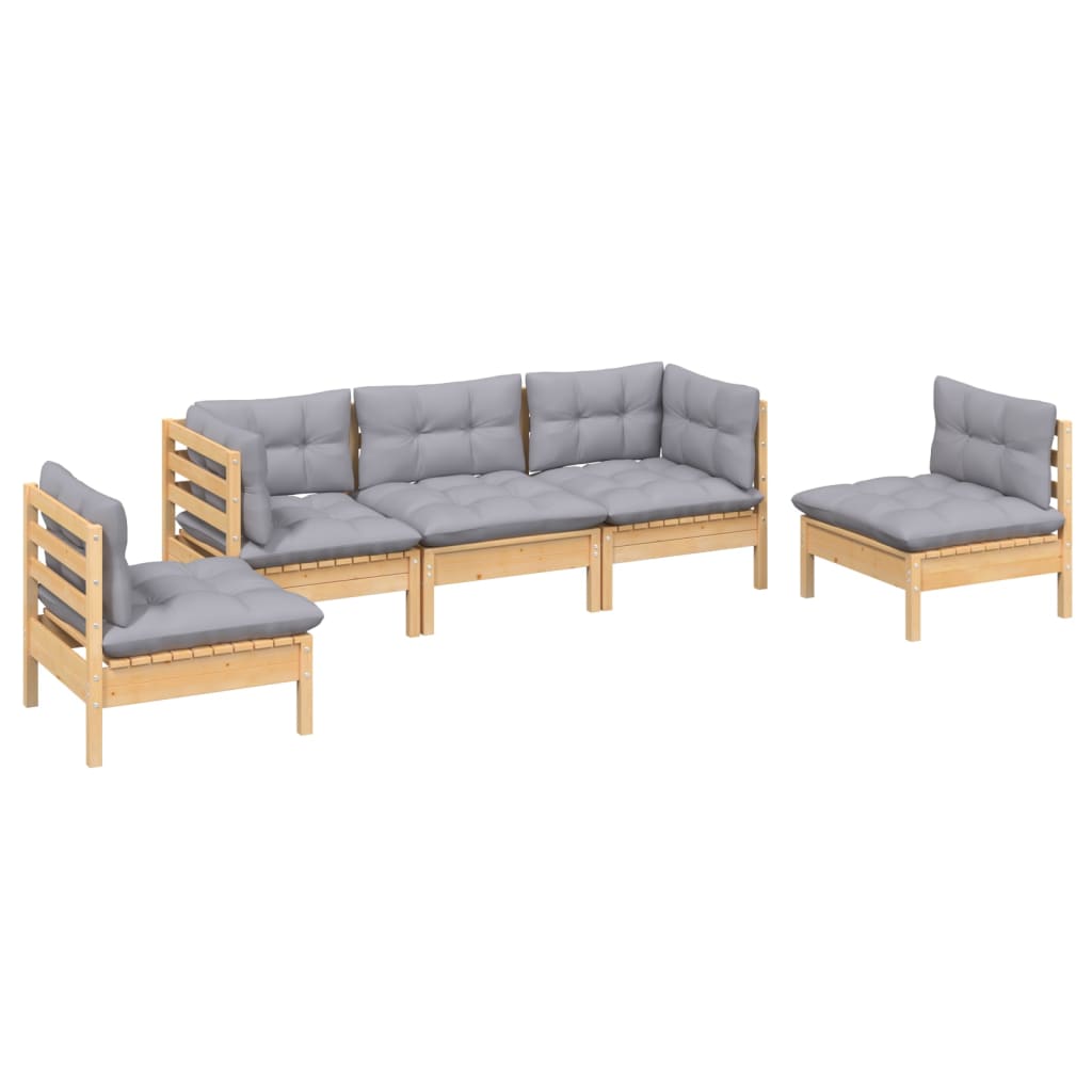 5 Piece Patio Lounge Set with Gray Cushions Solid Pinewood