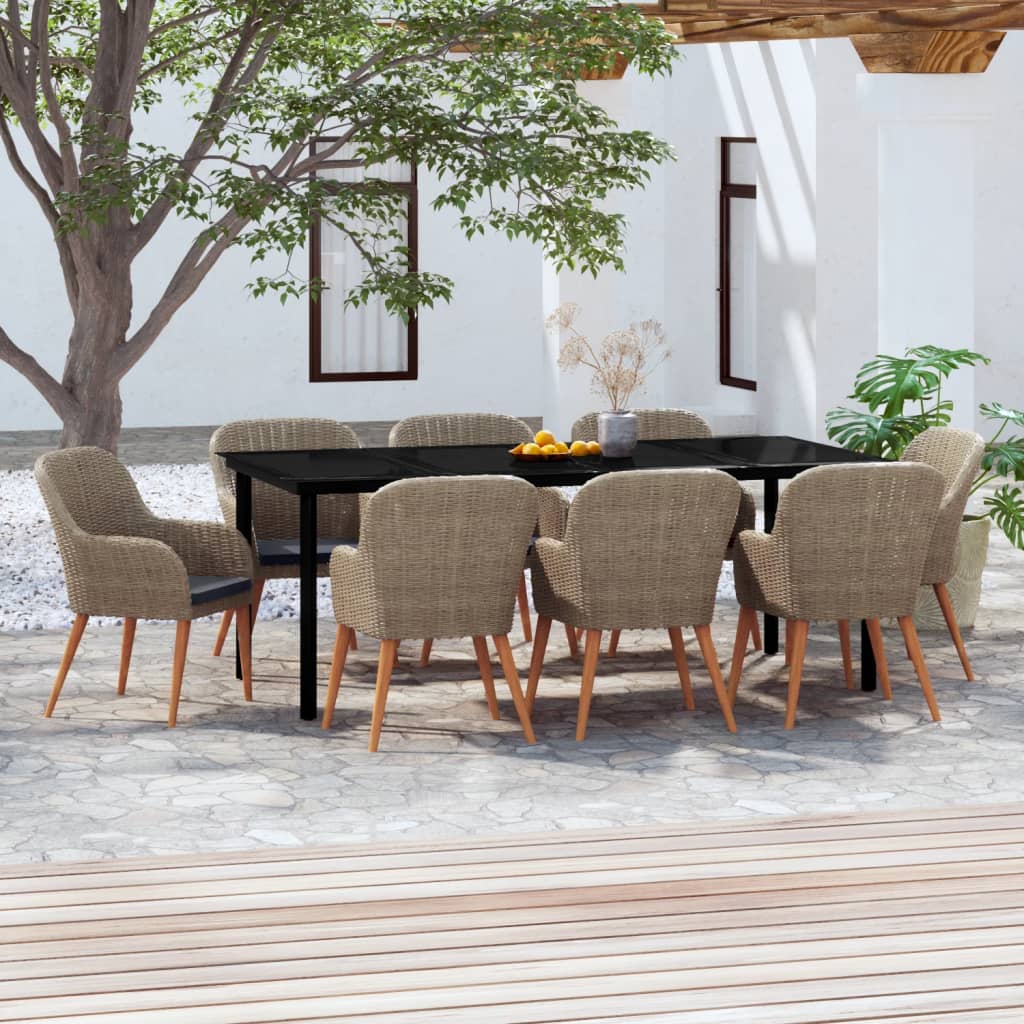 9 Piece Patio Dining Set with Cushions Brown