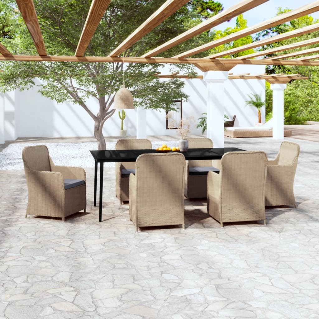 7 Piece Patio Dining Set with Cushions Brown