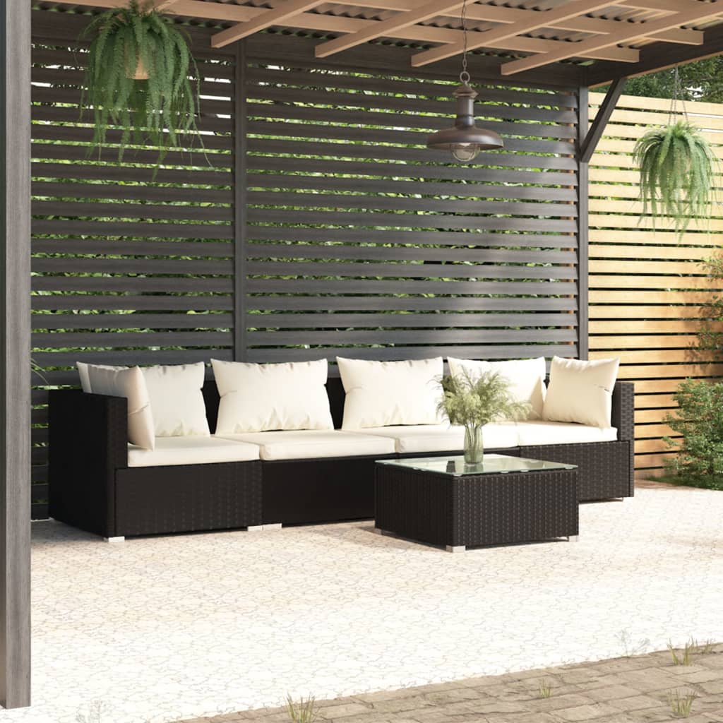 Patio Furniture Set 5 Piece with Cushions Poly Rattan Black