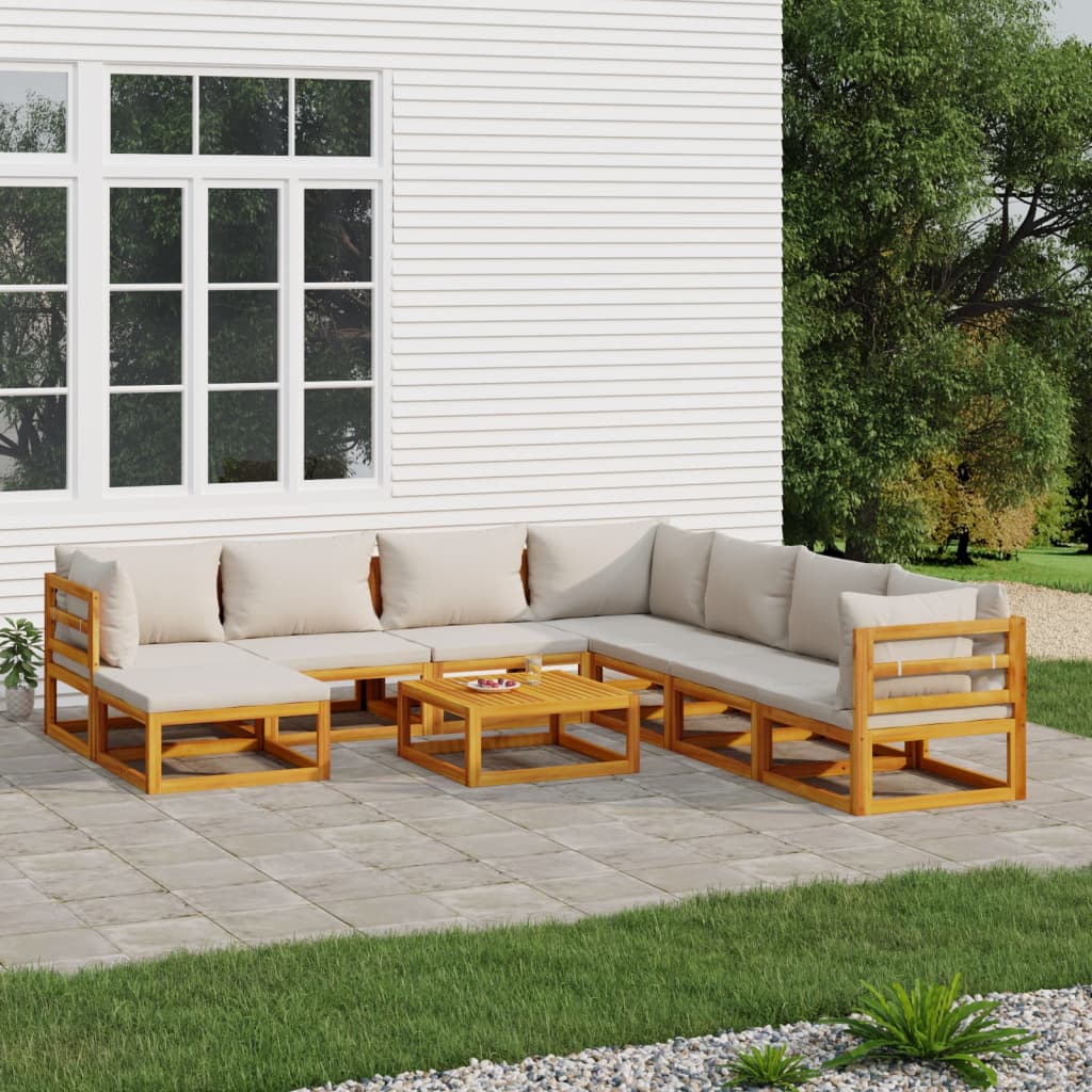 9 Piece Patio Lounge Set with Light Gray Cushions Solid Wood