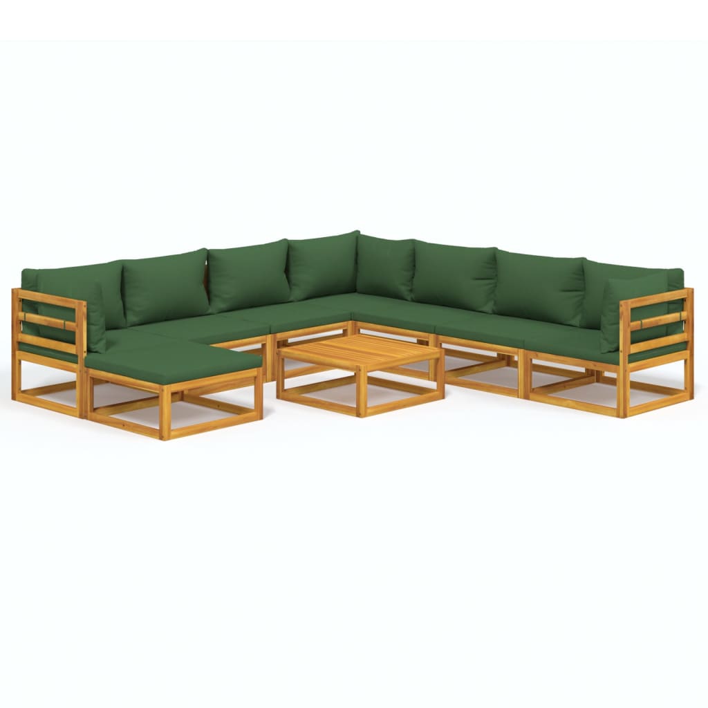 9 Piece Patio Lounge Set with Green Cushions Solid Wood